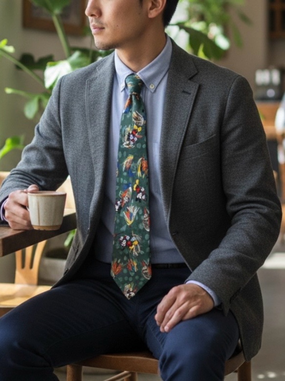 Disney Green Floral Mickey Mouse Fly Fishing Patterned Men's Tie